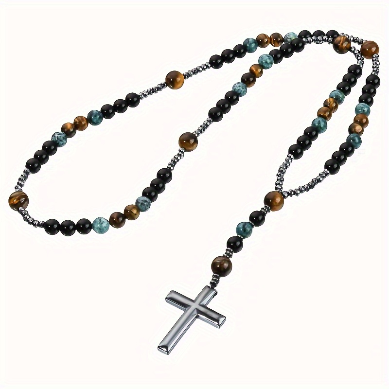 African Pine Yellow Tiger Eye Retro Natural Stone Long Cross Necklace